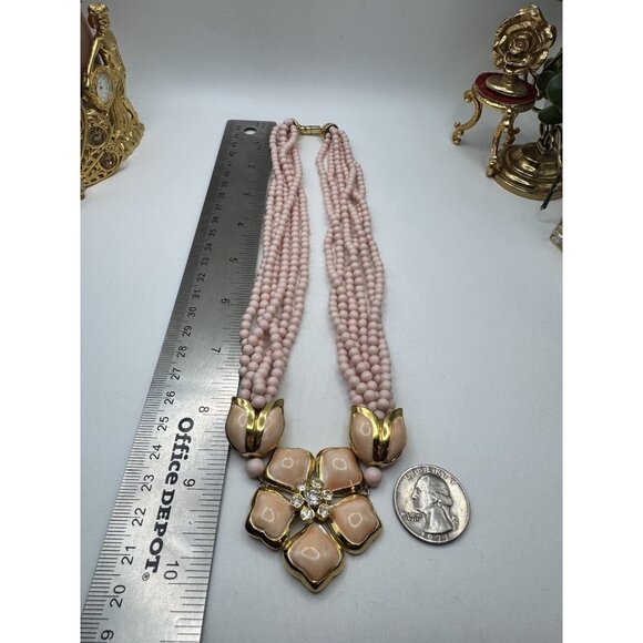 Vintage VB Pink Beaded Statement Necklace Gold Tone Enamel Flower Signed Rare - Picture 7 of 9
